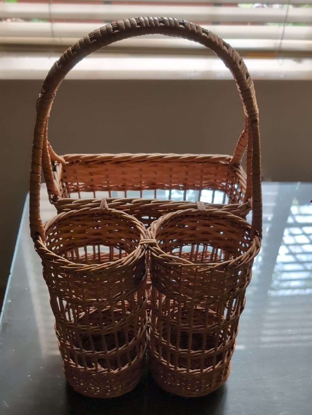 Vintage Woven Rattan Wine Bottle Carrier Basket - Natural Brown